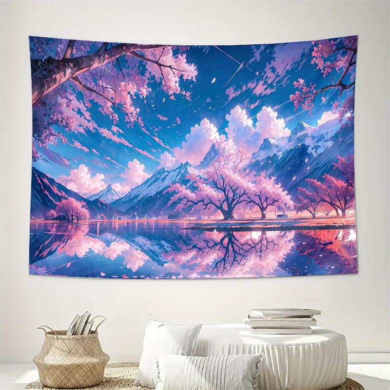 Sakura Cherry Blossom Mountain Lake Sky Reflection Wall Tapestry Machine Washable All Season Fantasy Landscape Design Home