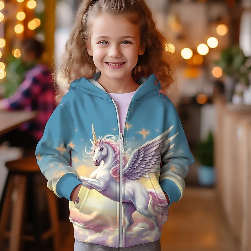 Sudadera con Capucha y Abrigo 3D de Unicornio para Niñas Ropa de Abrigo Manga Larga Estampado 3D Otoño Invierno Moda Activa Linda Niños 3-12 Años