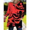 Ladies Large Size Red Flame Print Loose Long Sleeve Top with Pockets, Stylish Versatile Ladies Sweater