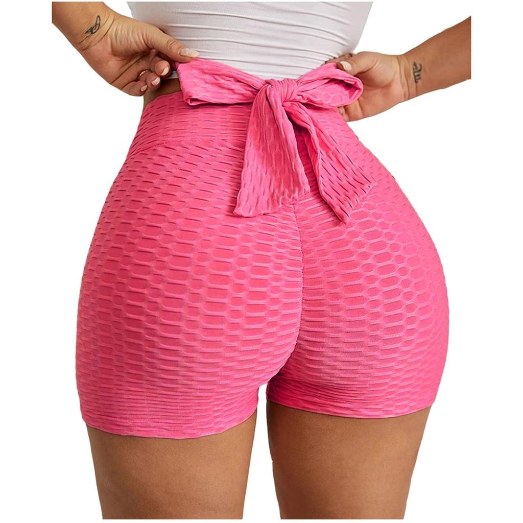 Summer Women's Athletic Shorts Solid Color Gym Running Workout High-Waisted Bowknot Stretchy Leggings Yoga Shorts Plus Size S-2XL