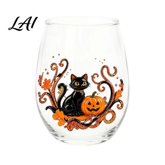 Fall Harvest Party Supplies Halloween Theme Glass Tumbler Ghost Black Cat Skull Pumpkin Hand Painted Cups Cup Spooky Lead-free Glassware for Party