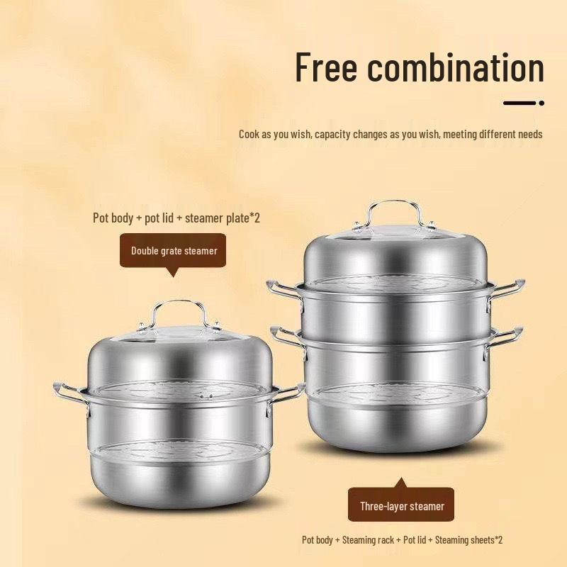 Stainless Steel Extra Thick Two/Three-Layer Steamer Pot with Large Capacity for Induction & Gas Stoves