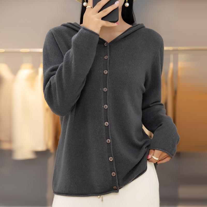 Frühling Herbst Einreiher Strick Cardigan Damen Mit Kapuze Einfarbig Pullover Mantel Locker Schlank Lässig Vielseitig Langarm Strickware