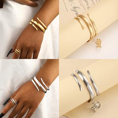 Mode Metall Offene Armband & Ring Set Für Frauen Gold Silber Farbe Glatte Armreif Ringe Elegante Schmuck Zubehör