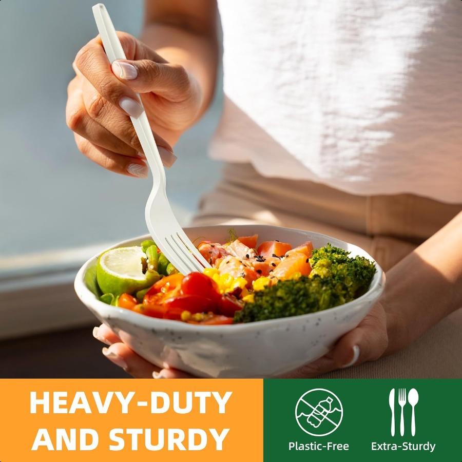 100% Compostable Cutlery Set150pcs 50 Forks 50 Spoons 50 Knives Disposable Cornstarch Utensils Heavy Duty BPI Certified EcoFrie