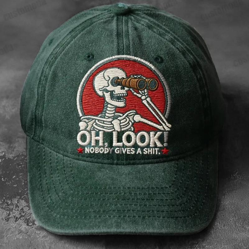 Embroidered Letters Baseball Cap Skeleton Design Adjustable Strap Lightweight Cotton Casual Sporty Headwear