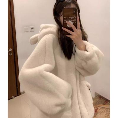 Manteau en Fourrure de Vison Style Coréen Femmes Hiver Chaud Capuche Long Peluche Épais