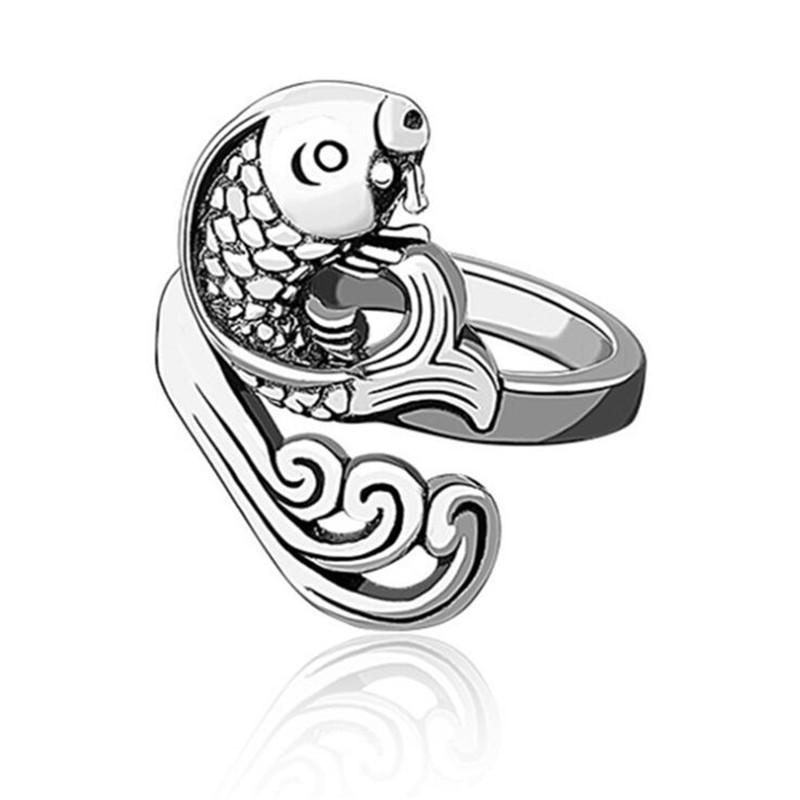 Ethnic Style Creative Year By Year Fish 925 Sterling Silver Jewelry Retro Wave Flower Carp Animal Opening Rings TYB030