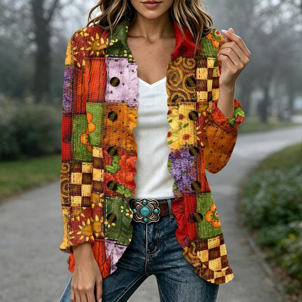 Women's Fashion Plaid Print Long Sleeve Ruffled Open Front Jacket