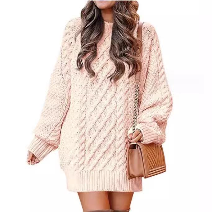 European & American Women's Oversized Cable Knit Sweater Dress - Round Neck, Long Sleeve, Mid-Length, Warm