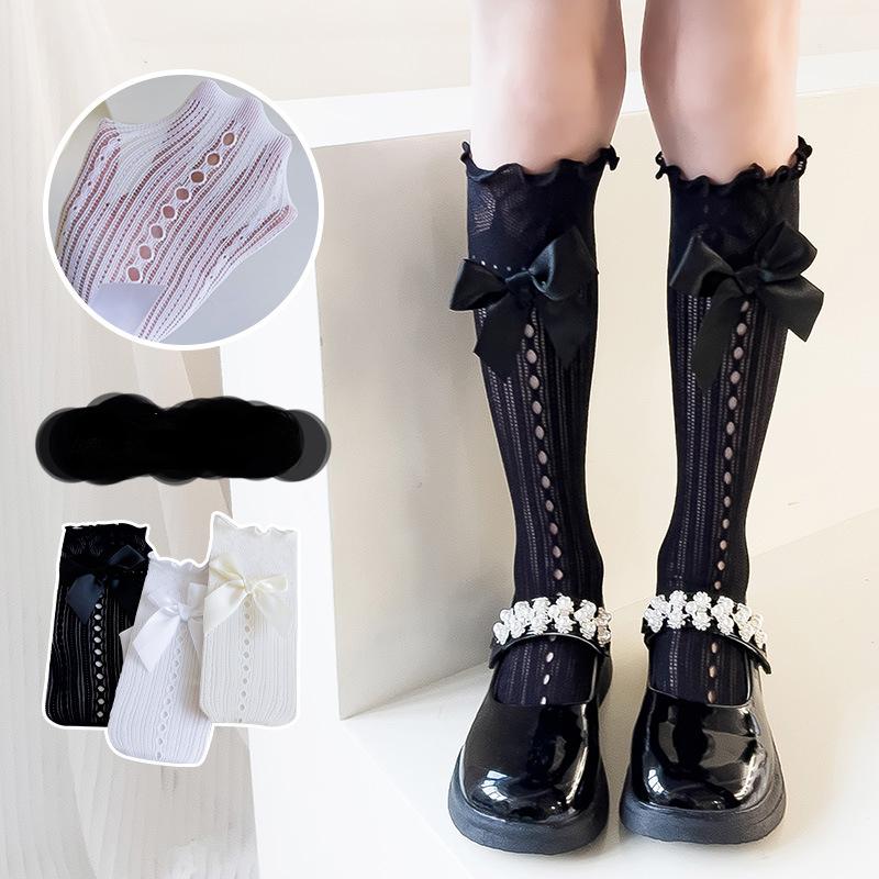 Children's Socks Summer Lolita Wooden Ear Mesh Ribbon Large Bow Mid-tube Socks for Girls
