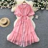 French gentle style temperament lapel lantern sleeve lace-up waist single-breasted dress female super fairy slim long skirt