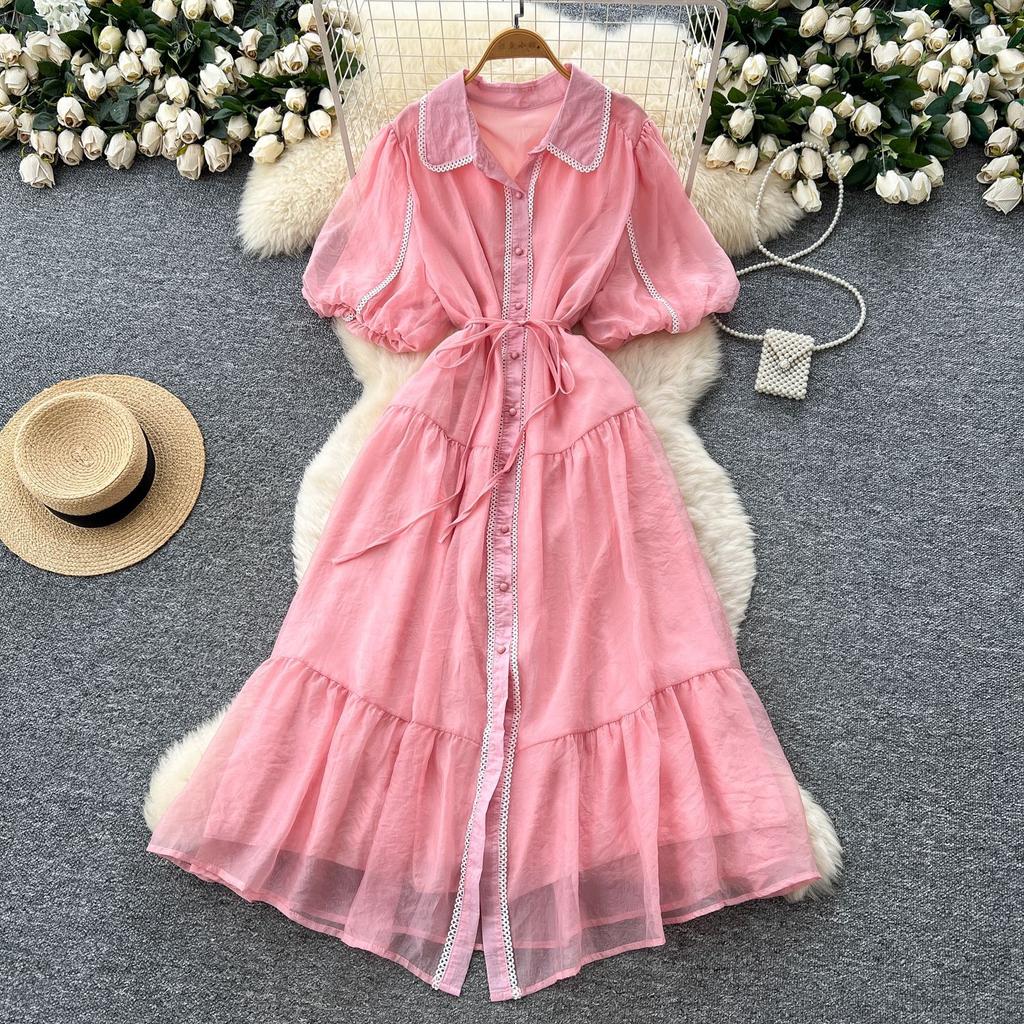French gentle style temperament lapel lantern sleeve lace-up waist single-breasted dress female super fairy slim long skirt