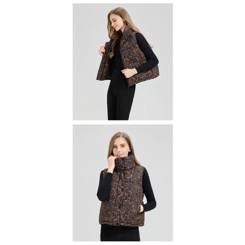 Women Short Stand Collar Leopard Print Loose Vest Jacket