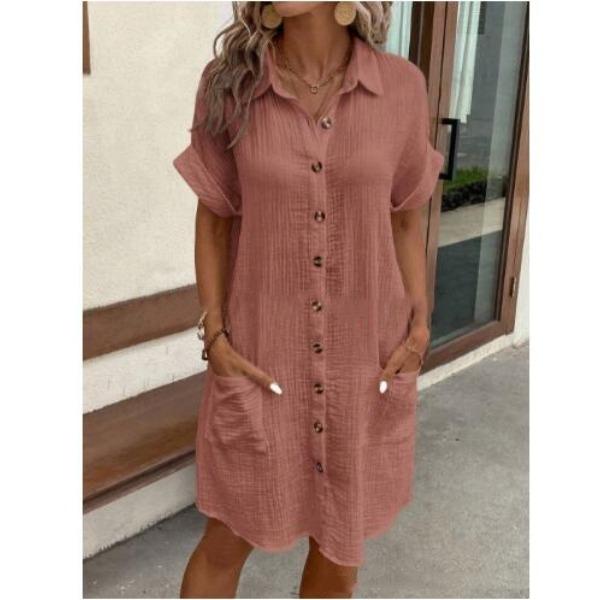 Casual Solid Color Single-breasted Medium and Long Short-sleeved Loose Casual Dress Women's Clothing