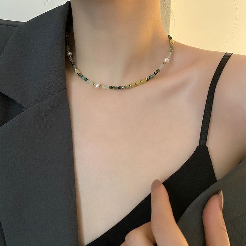 Colorful Natural Stone & Baroque Pearl Crystal Choker Necklace In Titanium Steel