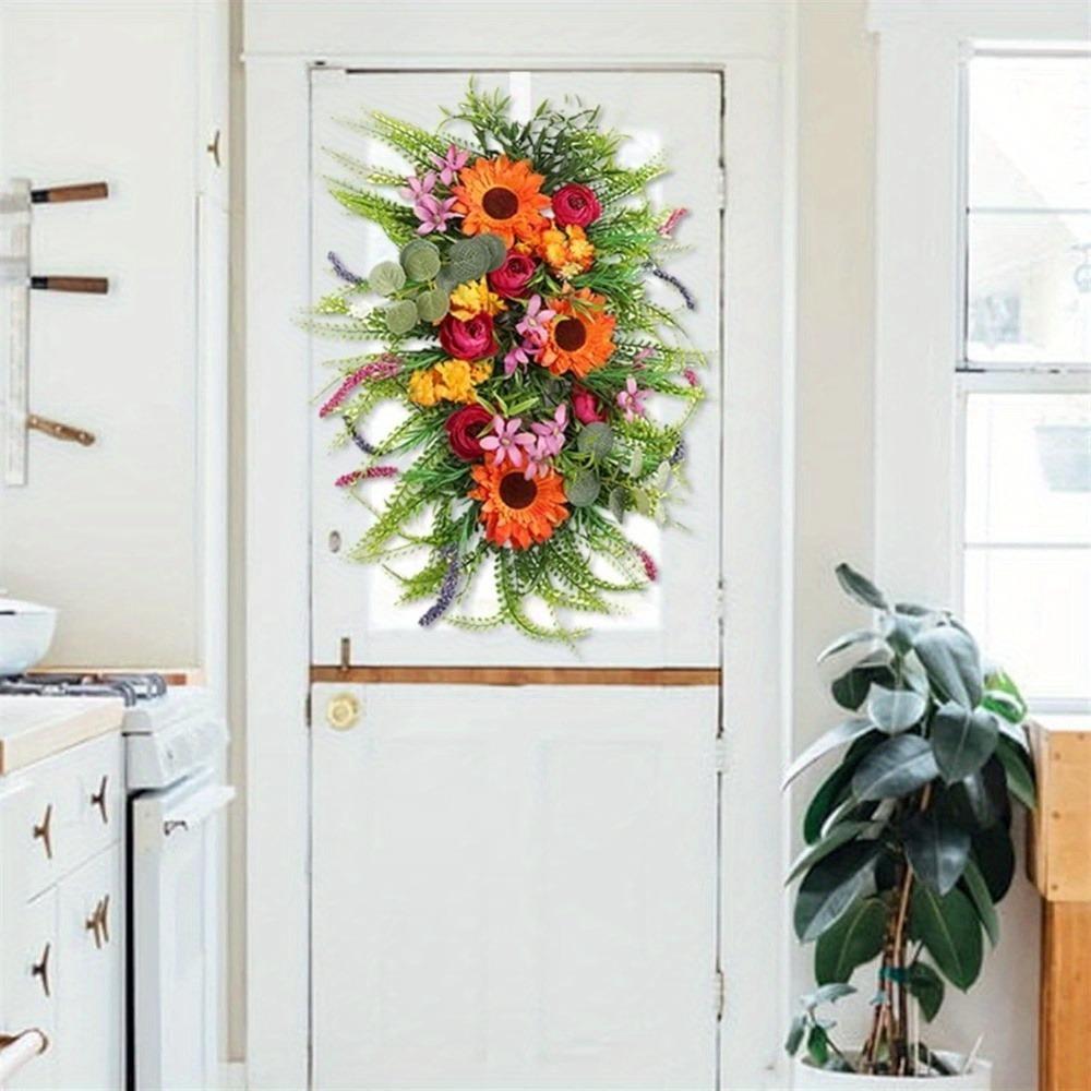 45cm Artificial Fall Swag Harvest Teardrop Wreath Autumn Sunflower Wreath Door Hanging Ornaments Fall Teardrop for Thanksgiving Fall Festival Decor