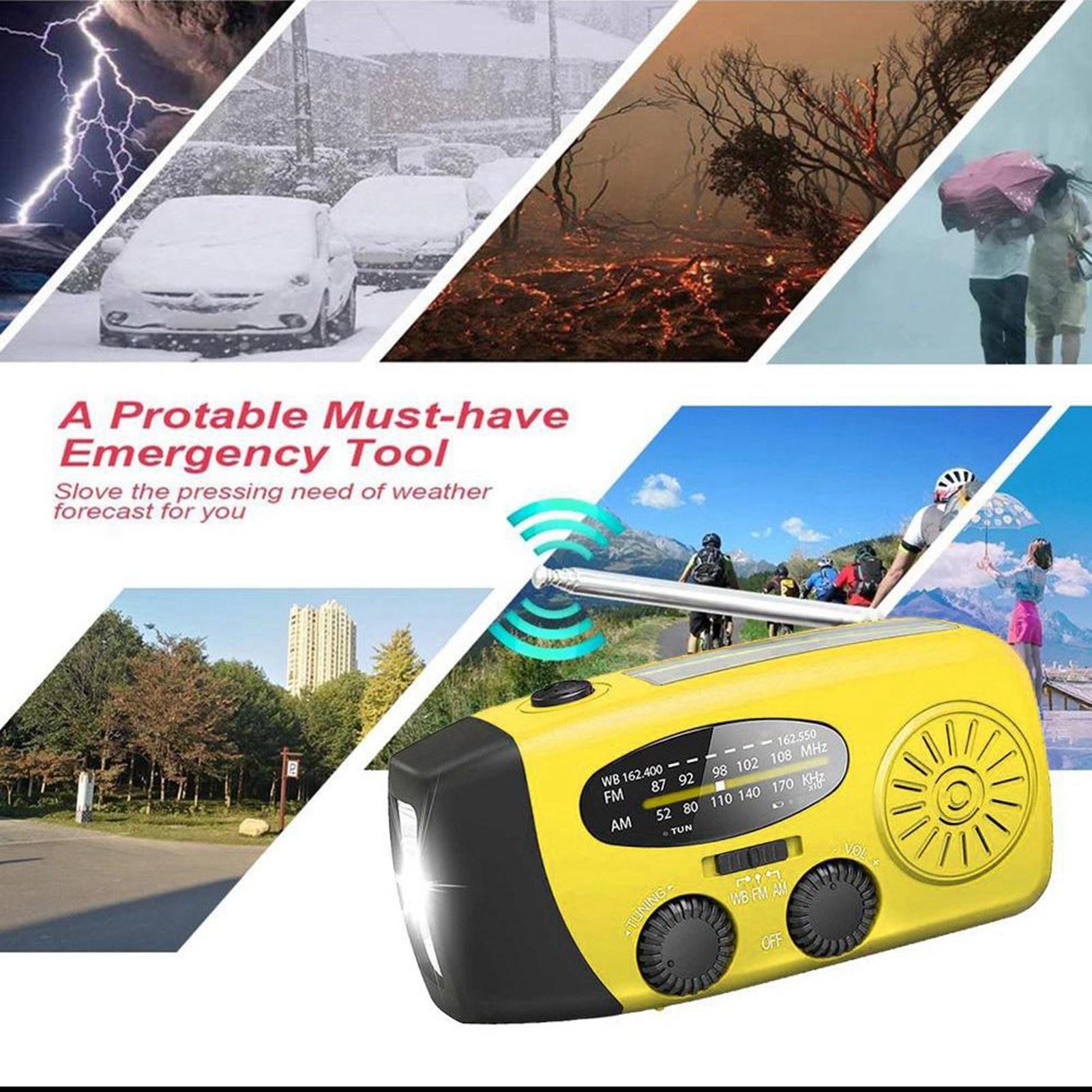 

Портативное аварийное метеорологическое радио 1000 мАч на солнечной батарее с ручным приводом и светодиодным фонариком SOS