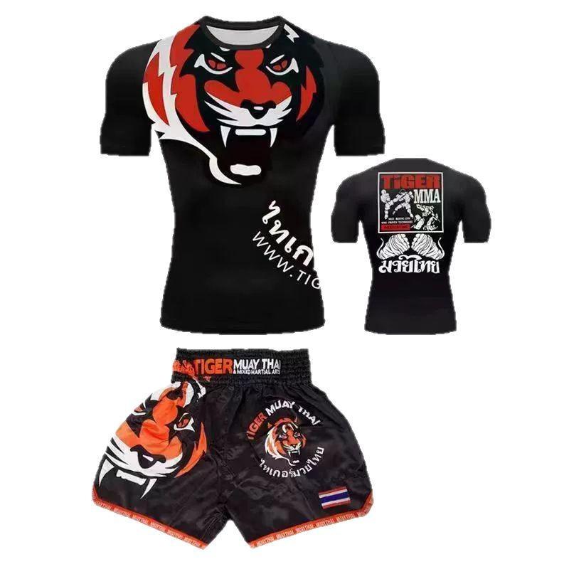 MMA Boxing T-Shirt With Tiger Head Print Mens Short Sleeve Gym Training Top Fitness Muay Thai Practice