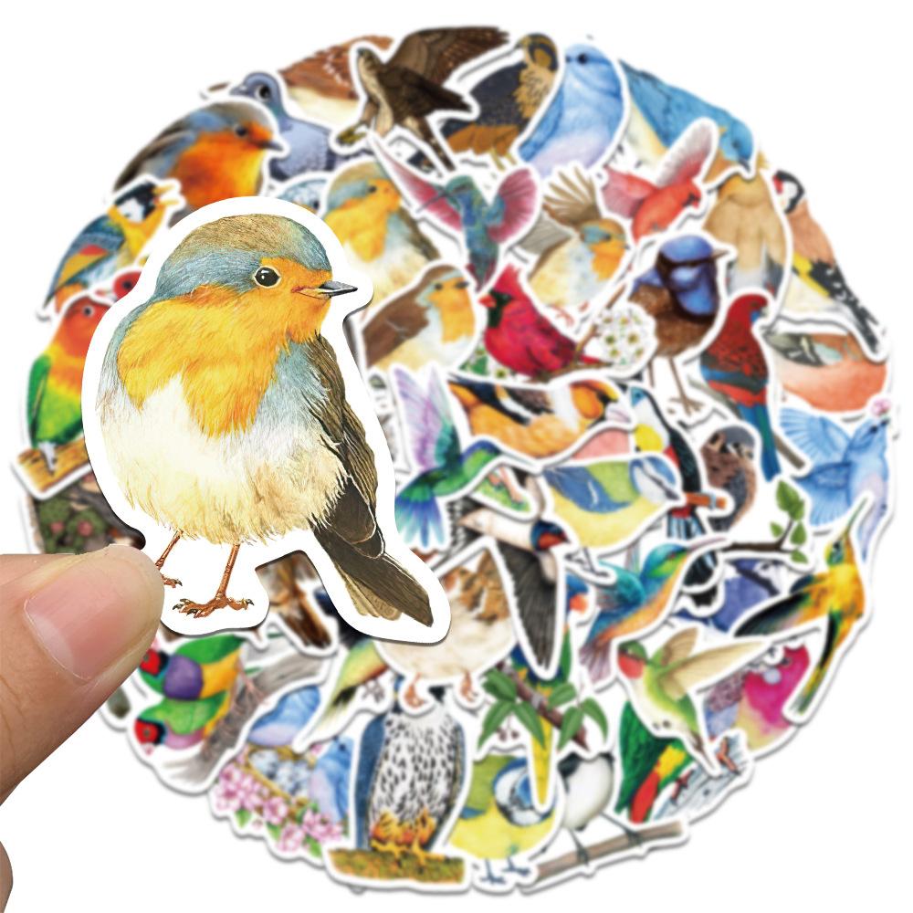 50Pcs Watercolor Bird Handmade Account Stickers DIY Luggage Refrigerator Water Cup Waterproof Sticker Laptop Guitar Decoration