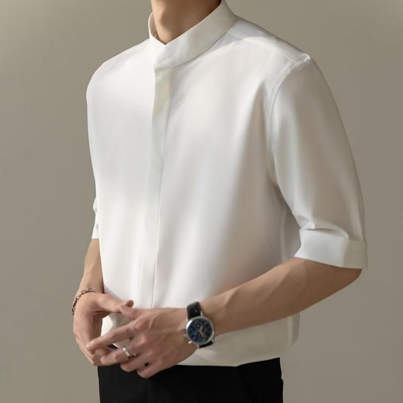 Men Mandarin Collar Half Sleeve Button Down Shirt Casual Loose Breathable Lightweight Business Casual Summer Top
