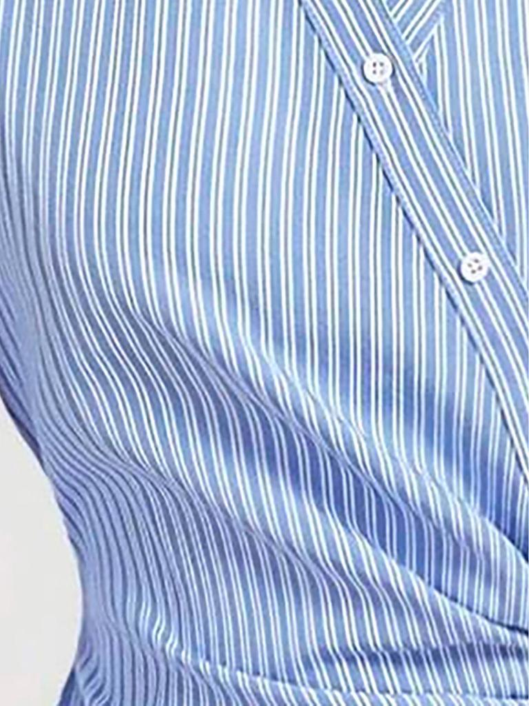 European Asymmetrical Twist Knot Blue & White Striped Long-Sleeve Women's Shirt