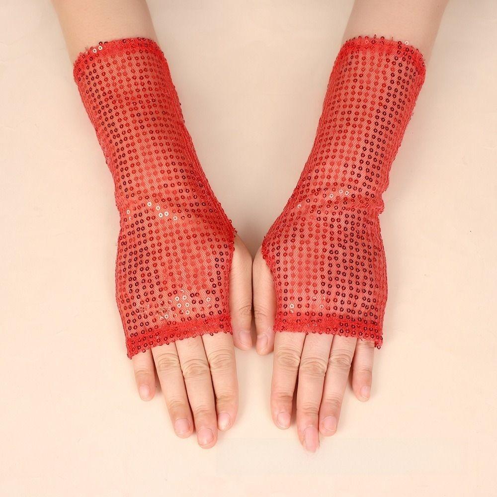 1Pair Gothic Performance Mittens Black Gold Red Dancing Gloves Shining Sequins Gloves  Disco Costume