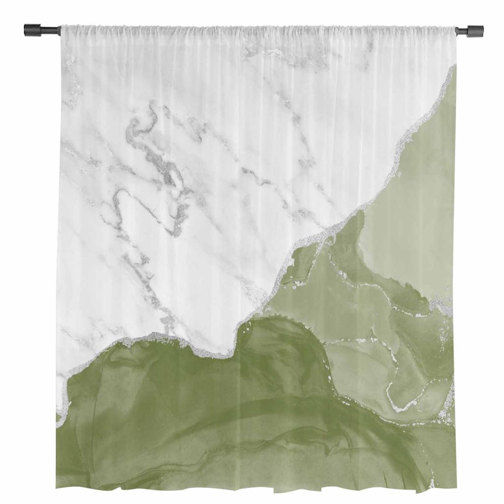 White Marble Sage Green Sheer Curtains for Living Room Decoration Window Curtains for Kitchen Tulle Voile Organza Curtains