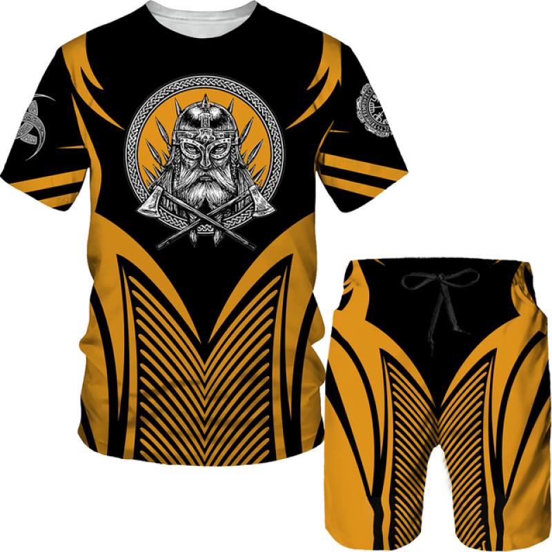 Viking Summer Men T Shirt Set 3D Printed Vintage Clothes Short Sleeve Tshirts Shorts Oversized Tracksuit Fashion Men Sport Suit