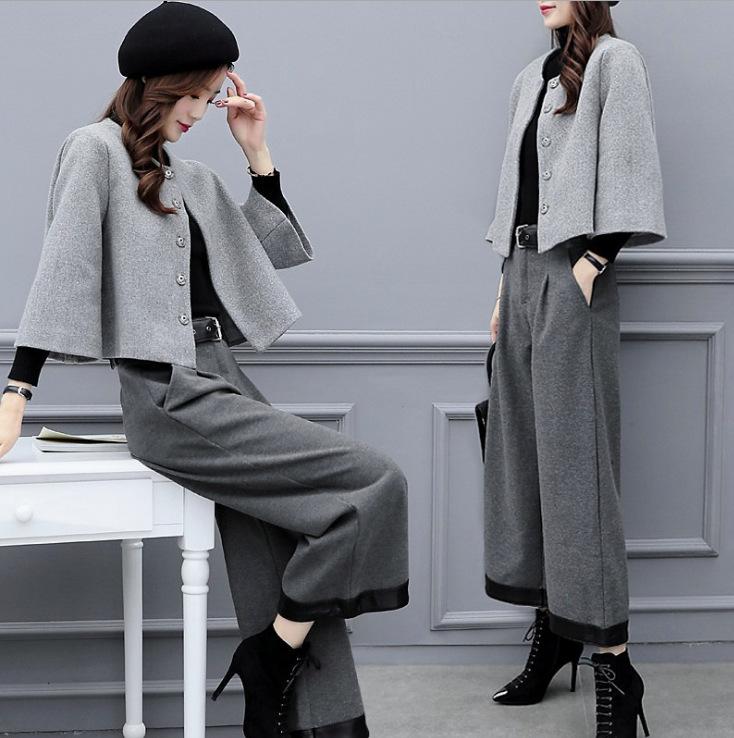 Women's Autumn  Winter Plus Size Two-piece Pants Woolen Short Jacket Wide-leg Pants Casual Fashion Suit