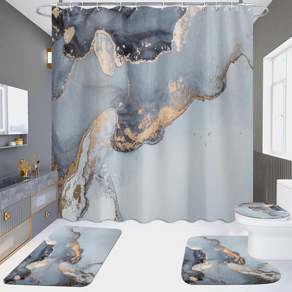 4Pcs Marble Series Shower Curtain Sets for Bathroom Non-Slip Bathroom Rugs Lid Toilet Cover Bath Mat