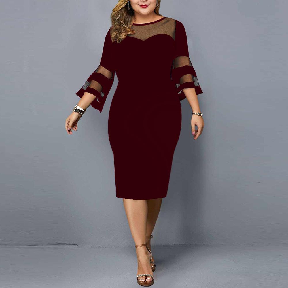New Mesh Patchwork Plus Size Solid Color Women's Bodycon Dress
