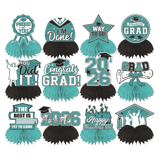 12Pcs 2026 Graduation Honeycomb Decor 3D Honeycomb Centerpieces for Commencement Party Red & Black Theme Bachelor Cap Party Decor for Table Decor &