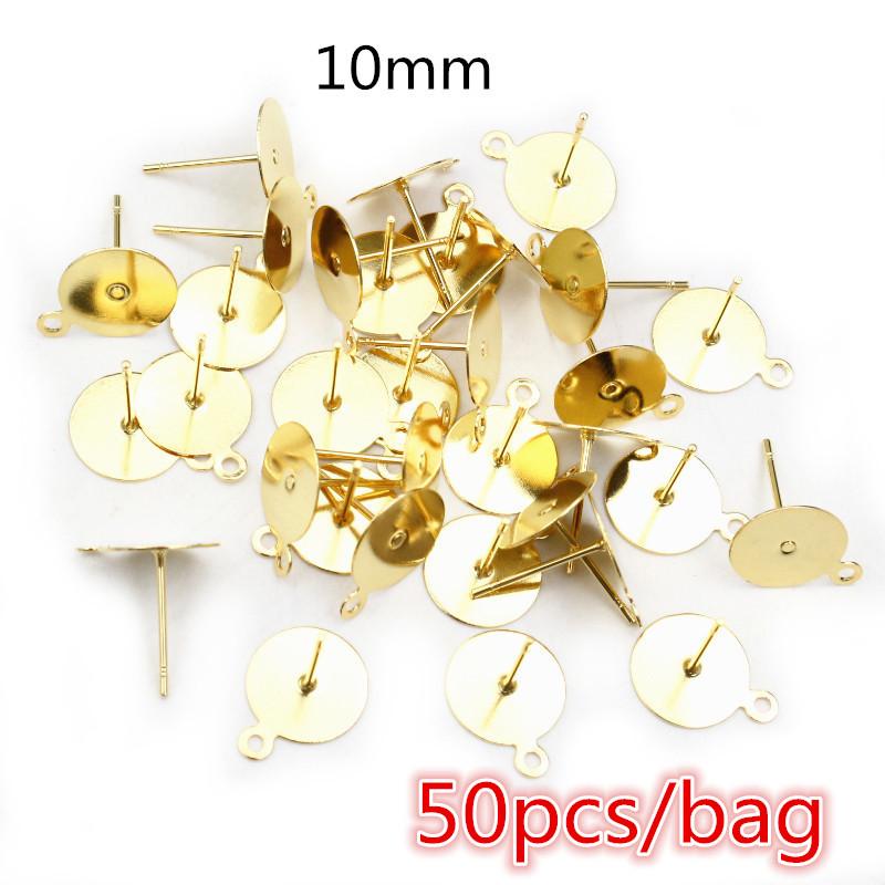 50-100pcs/lot No Fade Stainless Steel Gold Color Blank Earring Stud Fit 4 5 6 8 10 12mm Cabochon Cameo Settings Accessories DIY