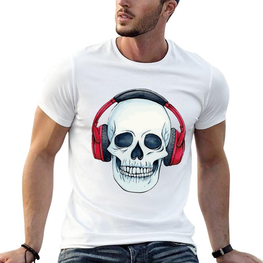Neues Totenkopf mit Kopfhörern T-Shirt Sweatshirts schwarze T-Shirts niedliche Oberteile Herren Grafik-T-Shirts Hip Hop