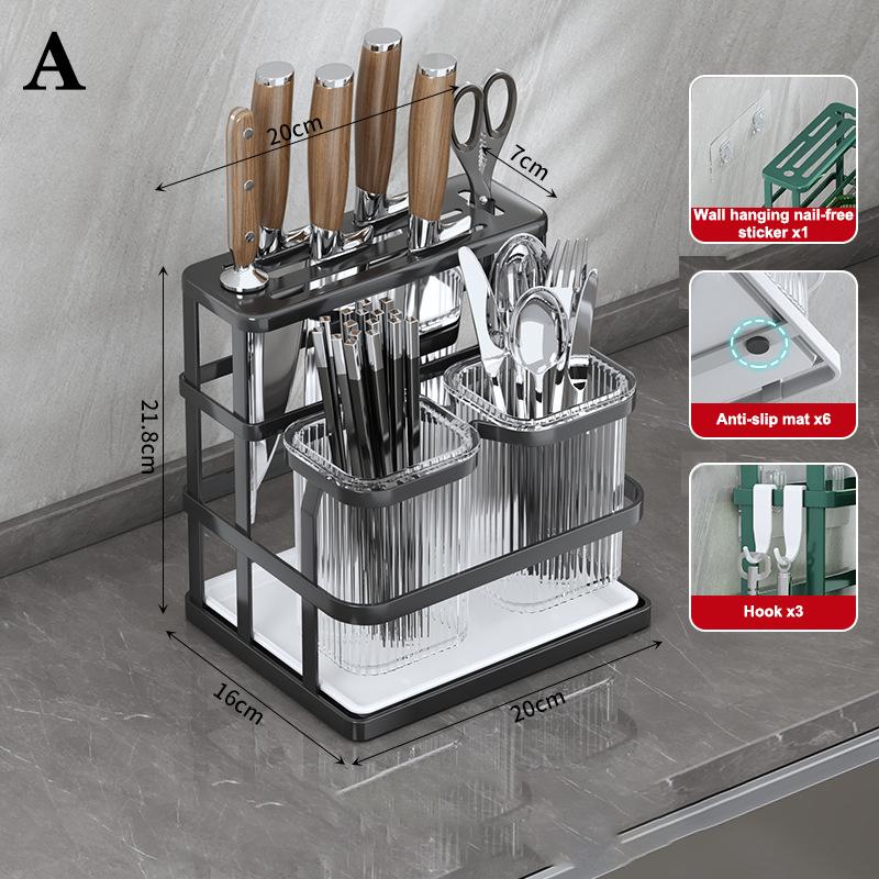 Wall Mounted Kitchen Cutlery Organizer Knife Spoon Fork Chopstick Drain Rack Drainer Utensil Kitchen Storage Punching Free