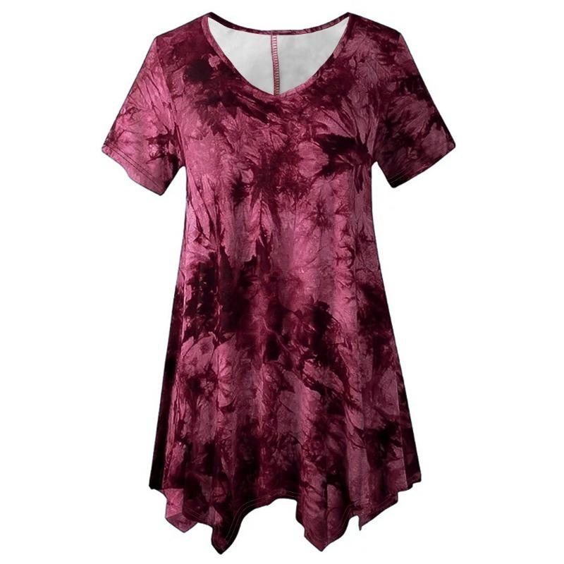 Large Size Fashion Tie-dye V-neck Hem Irregular Short Sleeved Blouse Loose O Neck Floral Top Summer Casual Office Sweet Tops Women's Clothing