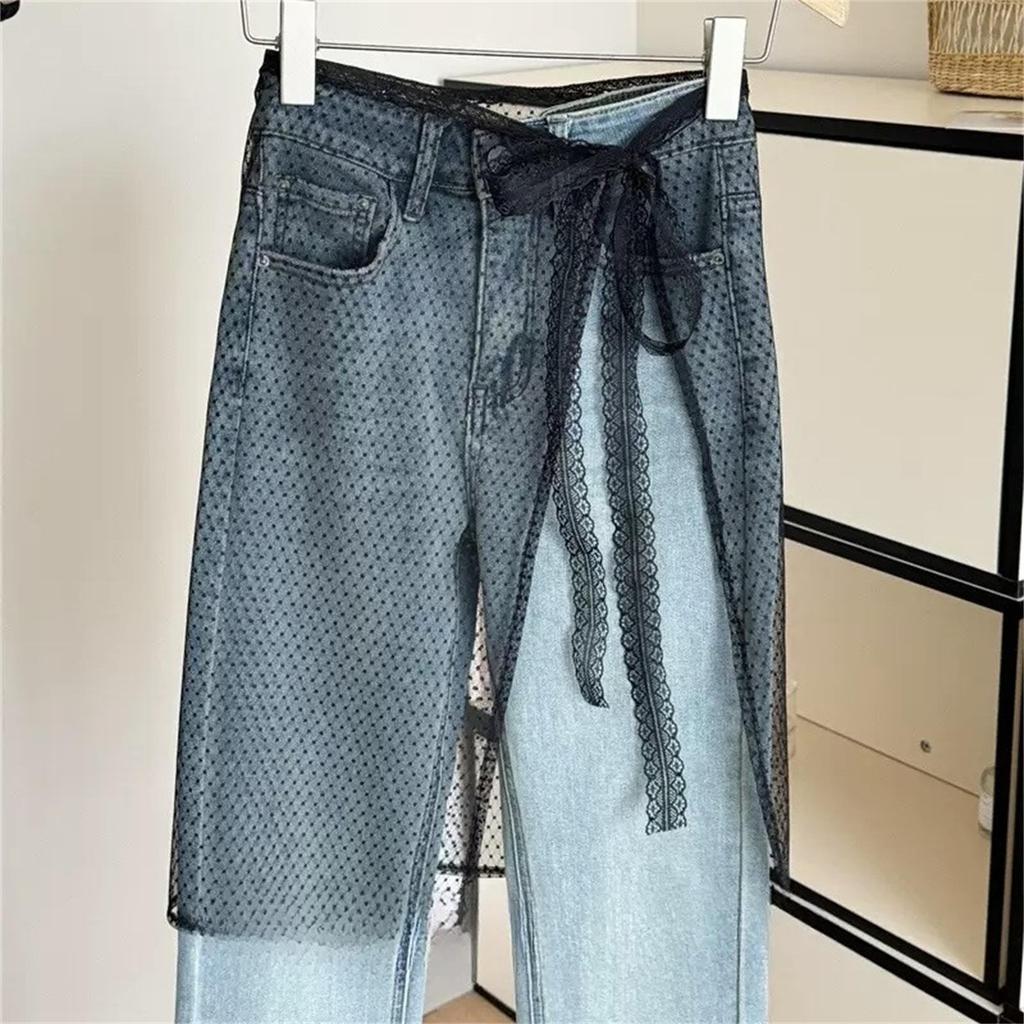 Lace Overlay Skirt Waistband Scarf Embroidered Trim Layered Design Sheer Polka Dot Mesh Skirt Overlay for Denim Pants Fashion Accessory