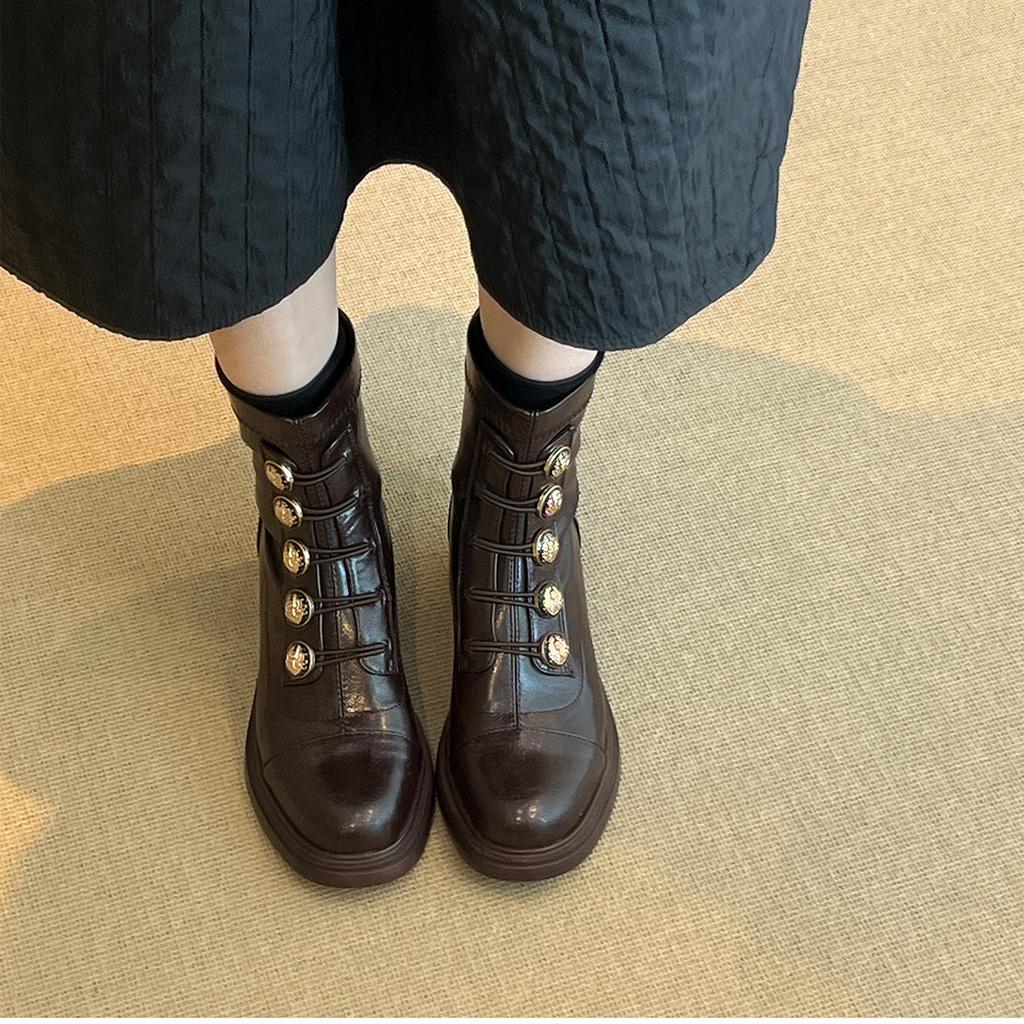 Sheepskin version~ Martin boots women's 2025 new British black round head badge small gold buckle rear zipper high heel short boots