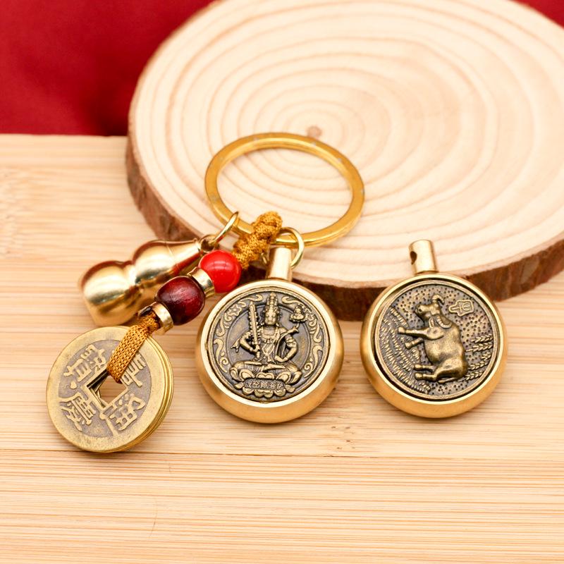 Rotating Brass Zodiac Signs Vermilion Gourd Keychain for Wealth & Treasures