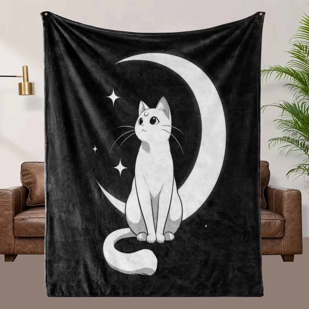 Black White Cat Moon Theme Flannel Blanket Soft Hd Digital Print All Season Comfortable For Home Decor Gift