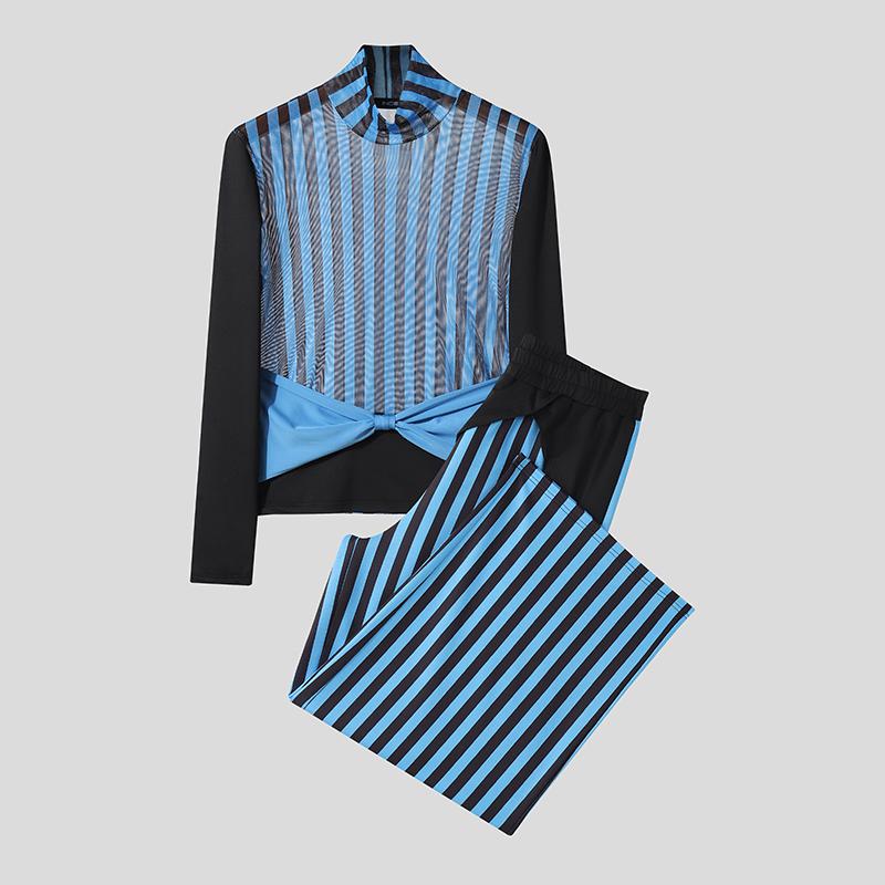 INCERUN Two-piece Men Long Sleeve Striped Mesh Sheer Bow Tops and Pants Sets