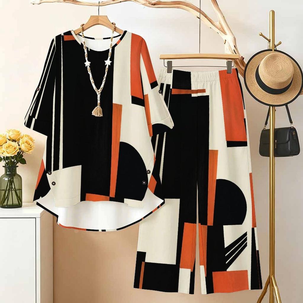 Women Plus Size Printed Two Piece Set Round Neck 3 4 Sleeve High Low Top And Wide Leg Pants