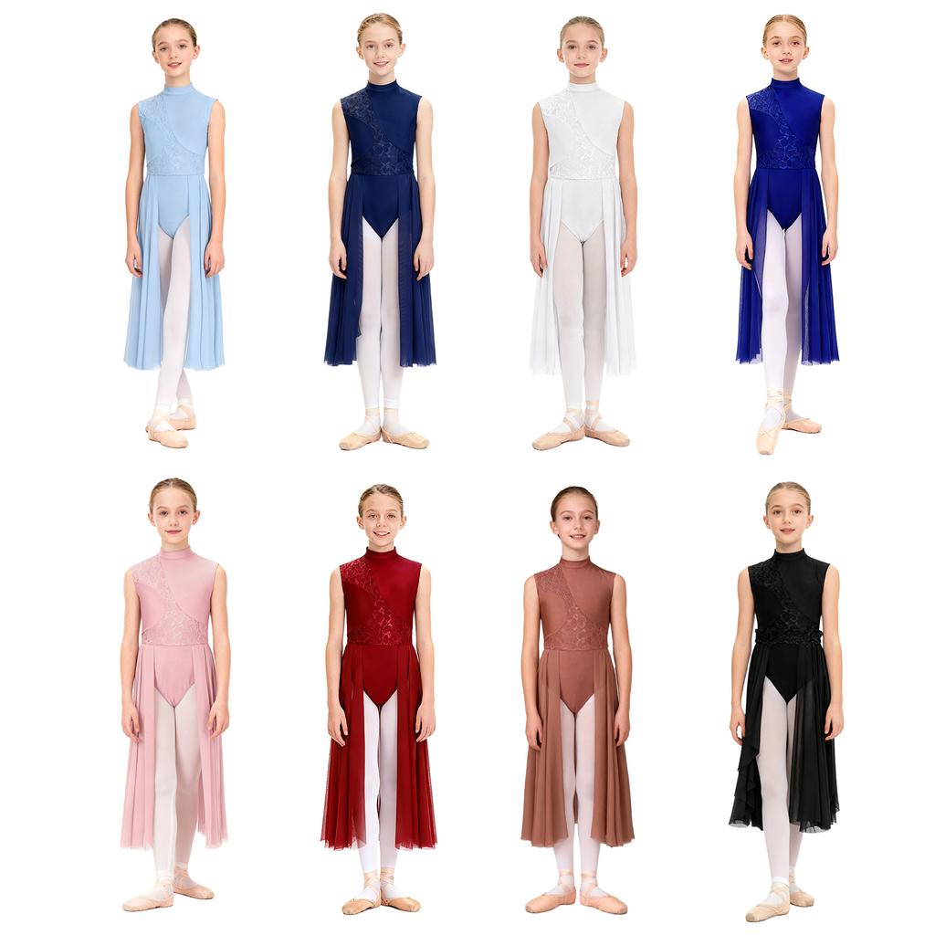 Girls Stage Performance Dress Floral Lace Patchwork Lyrical Dance Dress Mock Neck Cutout Back Sleeveless Leotard