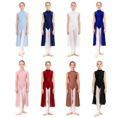 Girls Stage Performance Dress Floral Lace Patchwork Lyrical Dance Dress Mock Neck Cutout Back Sleeveless Leotard