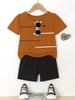 2pcs Boys' Casual Style Summer Outfit Striped Print Round Neck Short Sleeve T-Shirt and Casual Shorts Set, Perfect for Outdoor