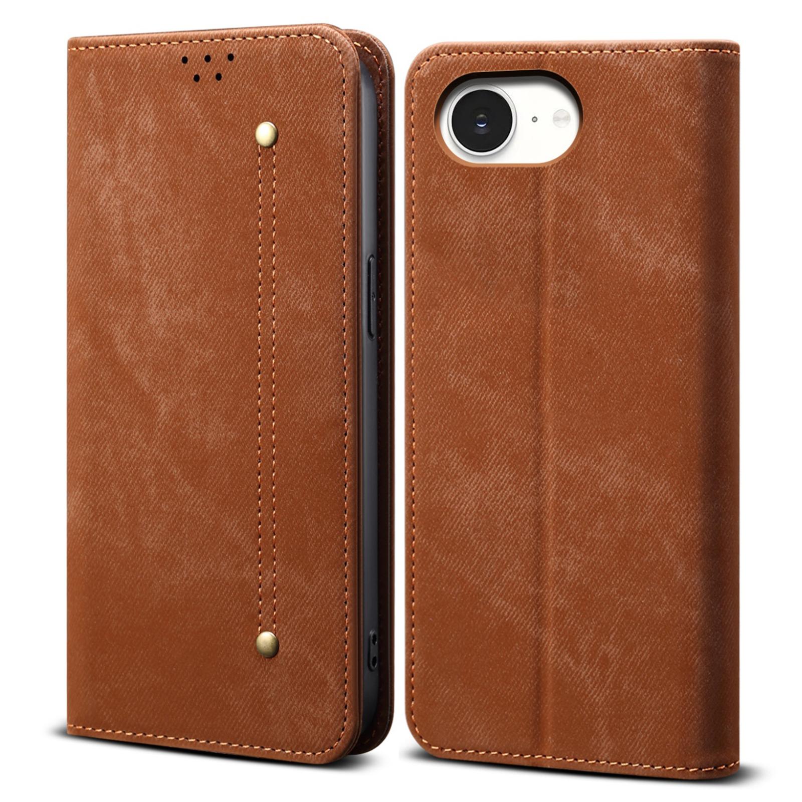 

For iPhone 16e Case Jeans Cloth Texture Anti-Scratch Leather Stand Phone Cover Coffee
