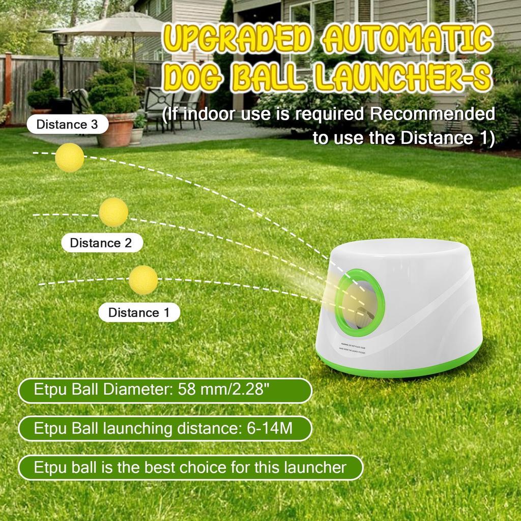 Lanceur de balles automatique pour chiens, Machine interactive de lancer de balle avec 3 niveaux de distance(20-46 pieds) & 5 Balles, Lanceur de Balle pour Chien pour Jouer à l'Intérieur et à l'Extérieur