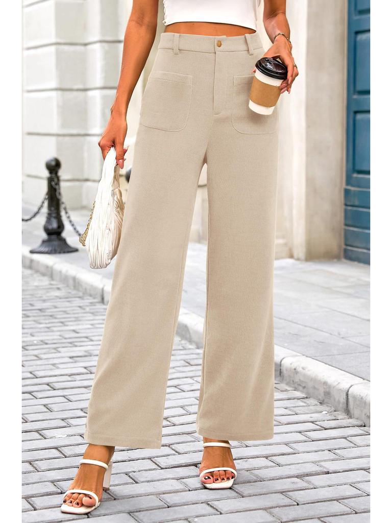 Women's High Waist Elastic Casual Pants with Button and Pockets