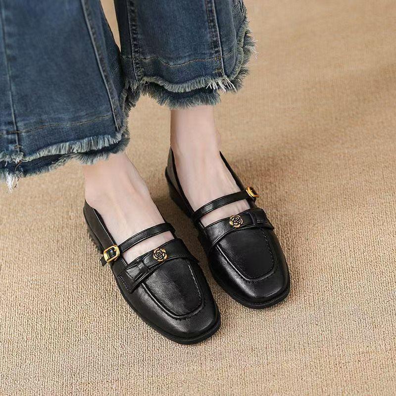 Mary Jane Shoes Women's 2025 Soft-soled Single Shoes Camellia Retro Small Leather Shoes Thick Heel One-word Buckle Work Shoes